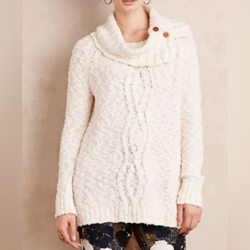 Moth by Anthropologie Cream Cowl Neck Sweater with Button Neck Detail - Size S